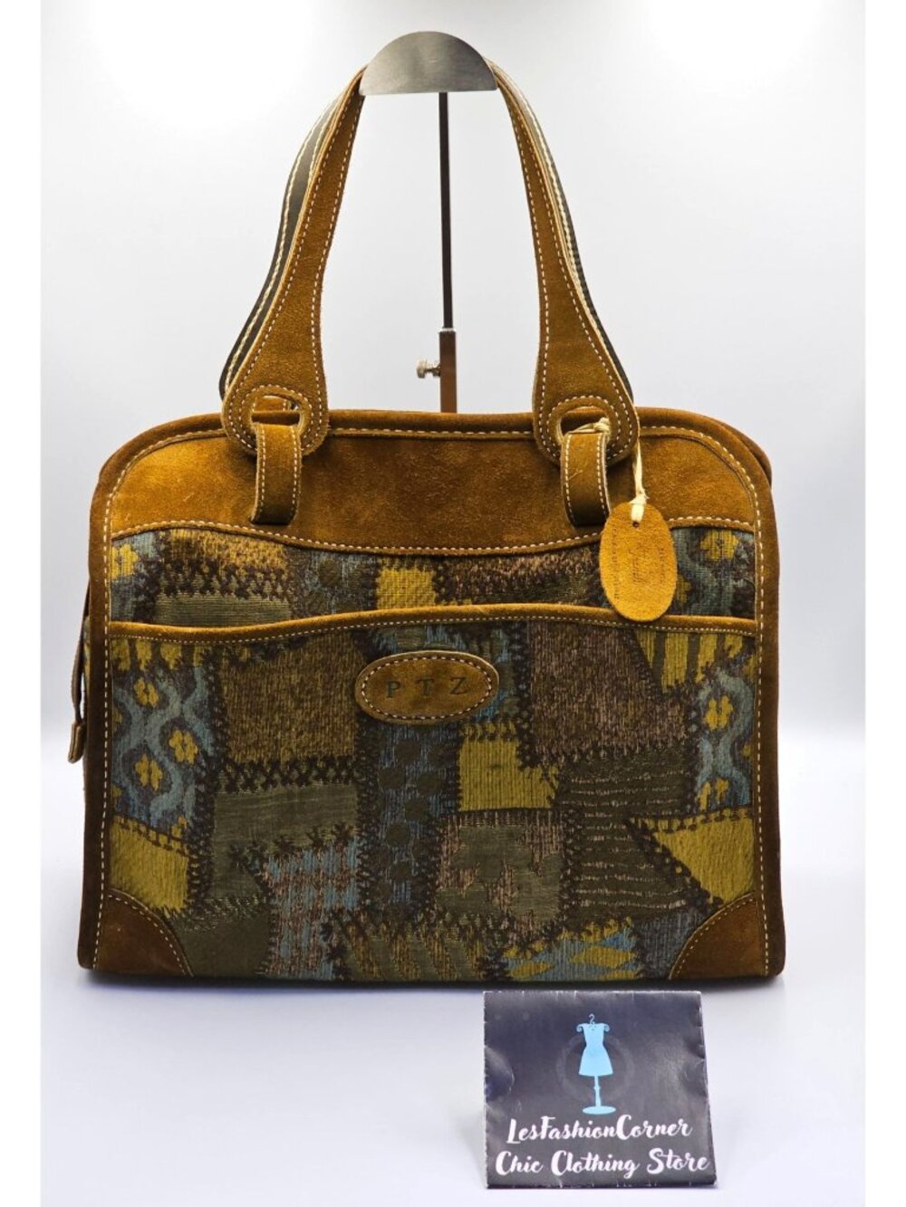 Vintage French Company Patchwork Suede Leather Travel Handbag  Sz L 2710